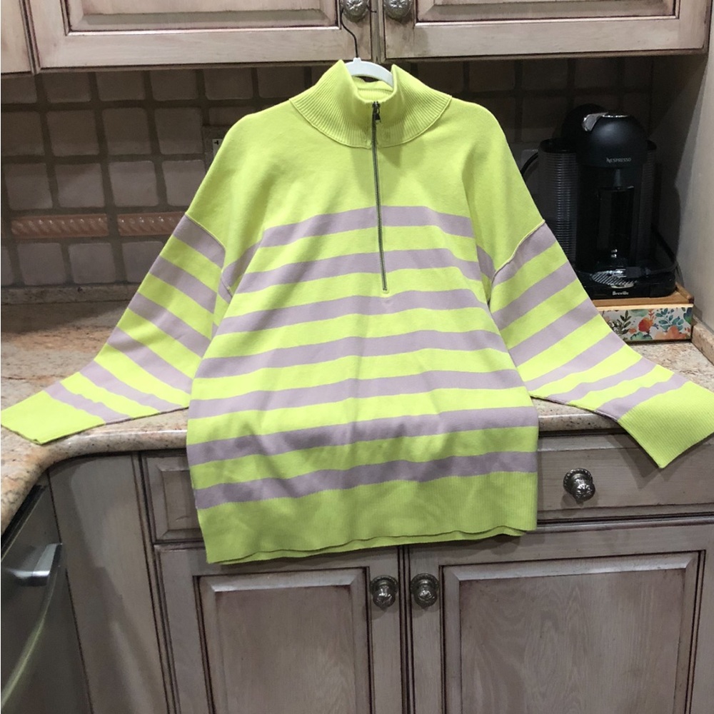 Free People Coastal Stripe Pullover Zip Front Neckline Ribbed Hems Lime Purple - Picture 4 of 5